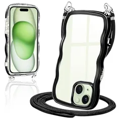 iPhone15 Plus ケース クリア ショルダー いPhone15plus スマホケース カバー 肩掛け 首掛け 斜めかけケース 創意 個性 可愛い かわいい 韓国 透明 TPU 薄型 耐衝撃 アイフォン15Plus(ブラック)