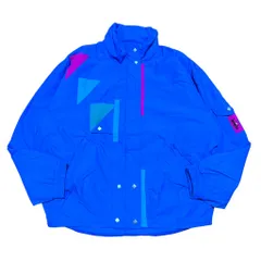 古着 used 長袖デザインナイロンジャケット　柄切り替え　青　ブルー　オーバーサイズ　レトロデザイン　XLサイズ