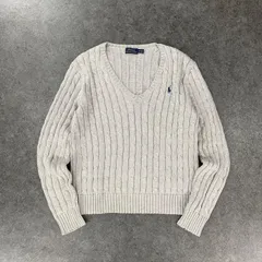 O1 POLO RALPH LAUREN ポロラルフローレン 長袖 ケーブルニット Vネック セーター コットン チェーン ワンポイント刺繍 グレー レディース
