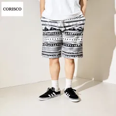 新品 CORISCO コリスコ 総柄 プリント ショートパンツ ミニ裏毛 スウェット ハーフパンツ 短パン  メンズ ユニセックス ボーダー ネイティブ系 エスニック系 ホワイト グレー 白 黒 M L LL XL 6.カスレネイティブボーダー 621911