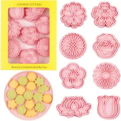 【特価セール】手作り 可愛桜、梅の花、菊、チューリップ、ロータス、薔薇、ひまわり8個セットクッキー型抜き3D漫画製菓用品プレスタイプキッチンお弁当 フラワーズクッキー型