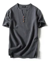 3XL_グレー [エムエルーセ] Tシャツ 半袖 リネンシャツ 綿麻 テレワーク 映え テレワーク映えヘンリーネック 無地 グレー ３XL
