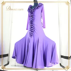 【美品 社交ダンス衣装】パープル系 紫 ドレス ワンピース レッスン パーティー ラインストーン XXL 大きいサイズ 長袖 無地 ダンス衣装 フレア ステージ衣装 光沢 おしゃれ パーティードレス 体型カバー 軽やか 着心地 伸縮性 上品 エレガント