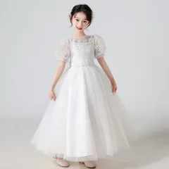 ☆ ホワイト ☆ 130cm ☆ キッズ フォーマル ドレス パフスリーブ ロングxjformaldress10 女の子 ドレス 子供服 フォーマル フォーマルドレス フォーマルワンピース ロングドレス 子供ドレス 半袖 子どもドレス ジュニア