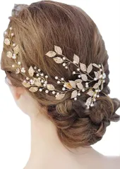 DADGAD ヘッドドレス 髪飾り ヘッドアクセサリー リーフ パール ウェディング ブライダル 成人式 卒業式 発表会 パーティー(ゴールド)