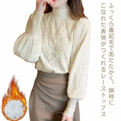 レーストップス 裏起毛 ハイネック ブラウス プルオーバー 総レース シアー 透け感 長袖 タートルネック ボリュームスリーブ 切り替え レースブラウス カットソー フェミニン インナー オフィス 通#nin0111