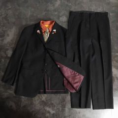 【JAPANESE VINTAGE】6点セット セレモニー カシミア混 シングルスーツ 3ピース スリーピース ベスト付き セットアップ 上下 ブラック系 Lサイズ 成人式 卒業式 結婚式（ユーロピンズ＆シャツ＆ネクタイ おまけ）No.31