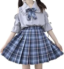 TatickCuftumes 学生服 JK 制服 コスプレ 肩出し スクール制服 上下セット セーラー服 セクシー 正統派 フル セットアップ スカート 大きいサイズ 可愛い コスチューム 衣装 女性用 レディース かわいい(ブルー,  L)