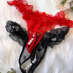 レディース オープンショーツ 2枚セット セクシーランジェリー 下着 パール付 Tバック ブラック レッド 黒 赤