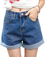 GIVEK デニム ショート パンツ ロールアップ デザイン 脚長 シルエット 着回し ショートデニム レディース L( ディープブルー,  L)