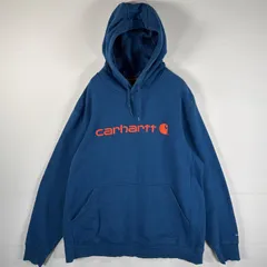 古着 カーハート Carhartt パーカー 大きいサイズ フード紐 肉厚 マフポケット ラグラン ビッグロゴプリント FORCE XL  ブルー メンズ