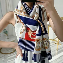 チェーン柄 ボウスカーフ 鎖 リンク ネイビー×ゴールド 細長 ミニスカーフ 小判 ネッカチーフ ツイリー 3WAY 首元 バッグチャーム ヘアアレンジ レディース アクセサリー お出かけ デート 女子会 母の日  プレゼント ギフト 送料無料 即購入OK