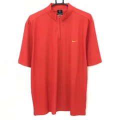 【超美品】ナイキ 半袖ハイネックシャツ レッド×オレンジ 織生地 ロゴ刺しゅう ハーフジップ DRY-FIT メンズ XL ゴルフウェア NIKE