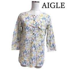 AIGLE　レディース　バンドカラー　プルオーバーシャツ　フラワープリント　イエロー　ホワイト　ミントブルー　7号　S