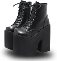 MORASTYLE ブーツ 超 厚底 レディース 16cm サイドジッパー ショート レースアップ 編み上げ 太ヒール コスプレ シンプル ライブ 身長アップ ゴスロリ パンク(ブラック,  25.5 cm)