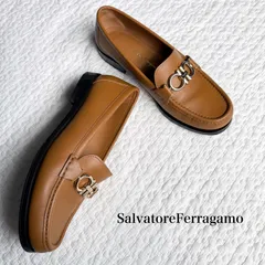 極美品 SalvatoreFerragamo サルヴァトーレフェラガモ ROLO ダブルガンチーニ ビットローファー シューズ 6D 23.5cm ブラウン キャメル