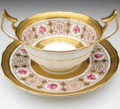 コウルドン 金彩薔薇絵 ダブルハンドル カップ＆ソーサー アンティーク 1905年 (f)