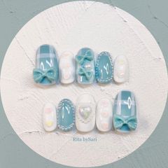 ギンガムチェックリボン ネイルチップ 𓂃𓈒𓏸︎︎︎︎