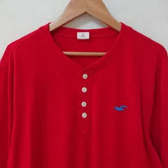 肌触り最高！ 薄手！ (^w^)b HOLLISTER ホリスター 長袖 カットソー ヘンリーネック ロンT ロングスリーブ Tシャツ トップス インナー アメカジ ロゴ刺繍 薄手 タウンユース シンプル カジュアル レッド 赤 メンズ サイズS