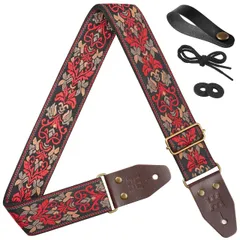 【迅速発送】Amumu ハート刺繍ギターストラップ - ヴィンテージスタイル トップグレインレザーエンド&ピックポケット - ベース、エレクトリック、アコースティックギターに適合 Guitar Strap