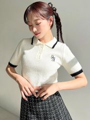 RESEXXY リゼクシー トップス 半袖 可愛い バイカラー クロシェニット ポロ シンプル ポロニット ロゴ刺繍 ショート丈 クロップド丈 大人 大人カジュアル 152532617401