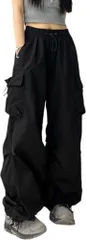 SLOW＆MELLOW パラシュート カーゴパンツ レディース カジュアル 韓国 ストリート ファッション ゆったり ボトムス ダンス ワイド ウエストゴム ルーズ 大きめ 体型カバー イージー 撥水 ドローコード 無地(ブラック,  2XL)