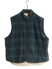 【お得なクーポン配布中!】 エルエルビーン チェック ウール ベスト メンズ L / LLBEAN 裏 ボア パイル フリース ライナー付き フルジップ ハイネック 重ね着 ツートン