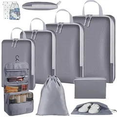 トラベルポーチ 圧縮 セット 旅行用圧縮袋 10点セット 【2025年最新型】 旅行圧縮バッグ パッキングポーチ 可変スペース 圧縮で衣類スペース約60％節約 圧縮ポーチ 洗面用具 旅行用 出張 衣類 整理 便利グッズ 靴用 下着収納 小物入れ (グレー)