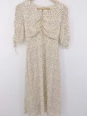 ◇ MAJESTIC LEGON ドット 水玉 ウエストゴム Vネック 七分袖 膝下丈 ワンピース サイズ M ベージュ ブラック レディース P  【1302280005706】