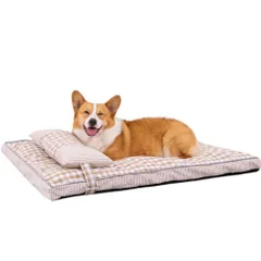 Bidason ベッド ペット クッション 猫 枕 セット チェック柄 スクエア 可愛い 綿麻風 通気 滑り止め 取り外し可能 洗える 小型 中型 キャット 犬 兼用 マット オールシーズン