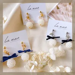 リボン×パール♡ハンドメイドピアス《304ステンレス 24KGP 本金メッキ》 リボン パール ピアス ベージュ ブルー 青 ブラック 黒 ビジュー キラキラ ゴールド シルバー 可愛い キレイ ブライダル ウェディング アレルギー対応《イヤリング変更可能》