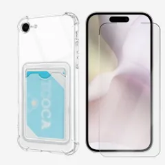 iPhone 16E 対応 ケース 【四隅TPU ソフト背面カード収納ケース 1個+高透過液晶ガラスフィルムセット 1枚】 カード収納付き TPU透明 四隅エアクッション構造 衝撃吸収 落下すり傷防止 ワイヤレス充電対応 薄型 カバー