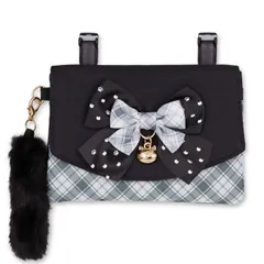 【リボン×しっぽ ブラック ZC25526】 移動ポケット 女の子 ポケットポーチ マルチポケット 付けポケット クリップ キッズ 子供 こども 小学生 小学校 幼稚園 おしゃれ かわいい 可愛い リボン ネコ ヒョウ柄 しっぽ