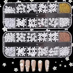 ネイル パーツ 花 3d 立体 フラワー ブリオン 半円パール 大きめ 白い花 ネイルアート ジュエリーパーツ デコパーツ ジェルネイル 手芸 2ケースセット