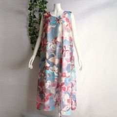 新品 9537 ML 絵画風 大きな花柄 シフォン ワンピース 春 夏 くすみブルー系 レディース ノースリーブ インド製 50代 60代 70代