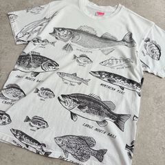 90s USA製 Fishing Fish All Printed T-shirt フィッシング 魚 総柄Tシャツ TEE　ブラックバス