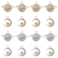 15-15.5mm_2色-2種-32個 [UNICRAFTALE] 約32個 2種 2色 チャーム 惑星 ラインストーンチャーム 月チャーム ムーン 合金チャーム 星球ペンダント パーツ 金属チャーム メタルチャーム 垂れ飾り ジュエリー作り ネックレスブレス