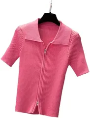 ASUMINARI(アスミナリ) AS80 襟付きカットソー ニット ダブルジップ 半袖 ジップアップ ショート丈 F( レッド,  Free Size)