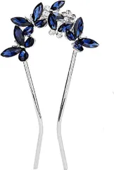 Miaomyao ミャオミャオ 簪 かんざし バチ型 和装 留袖 着物 髪飾り 金属 アンティーク クリスタル 蝶 蝶々 フラワー 花 キュービックジルコニア U字 コーム シルバー ヘアアクセサリー(ネイビーブルー,  大きめ)