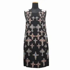 極美品 ヴェルサーチ ヴェルサーチェ VERSACE シルク ノースリーブ ワンピース ドレス カットソー 宝石 ジュエリー 総柄 A65573 サイズ38 黒 ブラック レディースのサムネイル