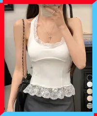 新品 タンクトップ 裾フリルレースホルターネックタンクトップ 下着 重ね着 フェミニン お洒落 韓国 ファッション 【送料無料】