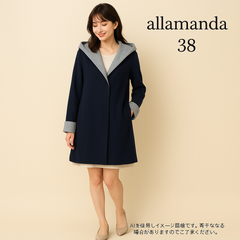 AB0479 allamanda アラマンダ フード付き切替ロングコート ネイビー×グレー レディースMサイズ相当 秋 冬