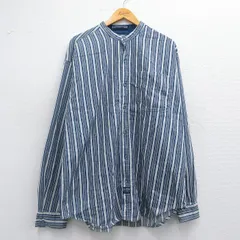 XL/古着 長袖 シャツ メンズ 00s 大きいサイズ ロング丈 コットン ノーカラー 紺他 ネイビー ストライプ 25may14 中古 トップス