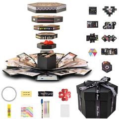 【新着商品】祭りテーマ デザイン スクラップブック 飾り素材付き クリエイティブ バレンタインデー・誕生日・卒業・記念日・祝い・母の日 アルバム プレゼント・ラブメモリー DIY 記念日プレゼント・結婚式、六角型 爆発ボックス ブラック サプライズボックス (