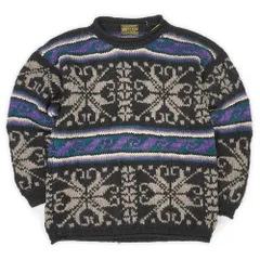 REY WEAR 80s 90s 80-90年代 エクアドルニット ロールネック 総柄 ハンドニット WOOL ウール USA ヴィンテージ アメリカ 古着 メンズ ニット セーター ブラック系 L相当【中古】