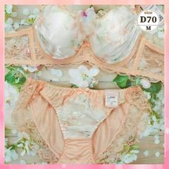 ★D70/M☆美胸ブラ＆ショーツセット 脇高 美シルエット 谷間メイク 脇サイドスッキリ 水彩フラワー オレンジ