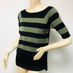 良品★MONCLER・モンクレール レディース ワッペン付き ボーダー柄 ニット切替 サイドスリット ロングTシャツ（S）