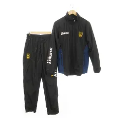 アスレタ ATHLETA ウインドブレーカー ジャージ セットアップ 上下 ジャケット スタンドカラー パンツ ロング プリント ロゴ サッカー L 黒 ブラック /MN1 ■GY35