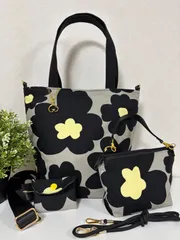 【裁縫ストア・ボヌール】大人かわいい　北欧風　大輪花柄　ツイルアネモネガーデン　グレージュ/ブラック　トートバッグ　ポーチ/サコッシュ　ハンドバッグ　ミニポーチ　ショルダーバッグ　ハンドメイド　ショルダーストラップ付き　ゴージャス  / №500-432