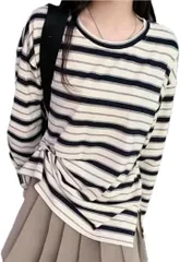 TaKiHuReO ボーダー レディース Tシャツ ロンT トップス カットソー 人気 定番 お洒落 カッコイイ 長袖 大きめ ゆったり 肌触り スリム 丸首 着痩せ 可愛い 部屋着(ホワイト/ブラック,  M)